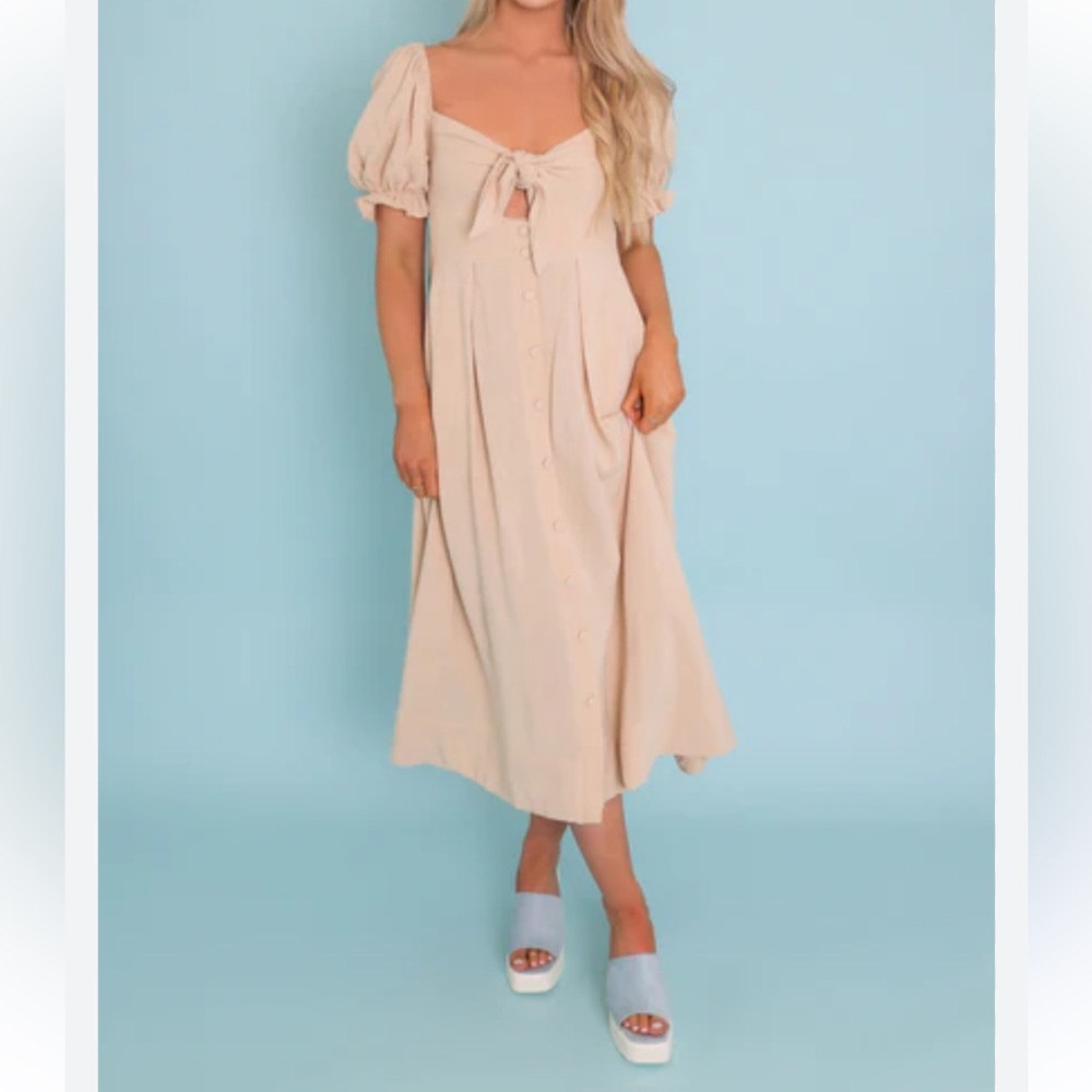 Petal & Pup Boho Linen Puff Sleeve Front Tie Cottagecore Midi Dress Size M